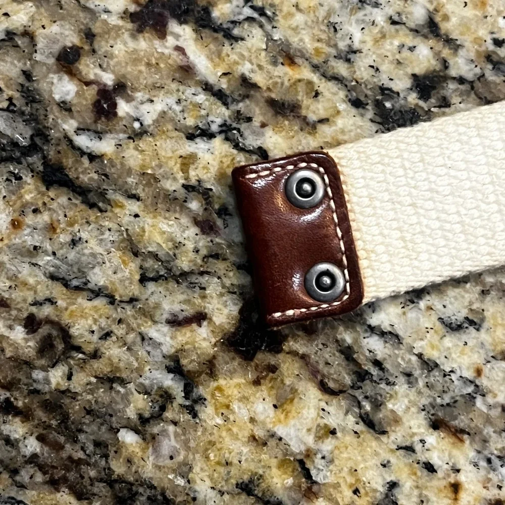 American Eagle Mens Canvas Web Belt D-Ring Shore Regional Off-White Leather Trim